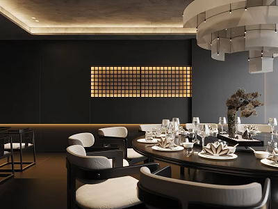 Modern Private Dining Room With Round Table Illuminated Wall And Chairs 3d model