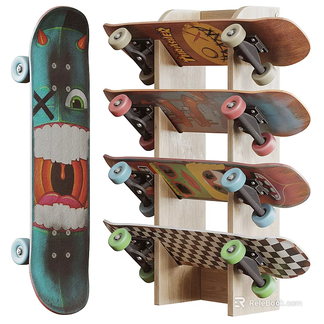 Colorful Sports Equipment Featuring Cartoon Pattern Skateboards On Wooden Rack With Colored Wheels 3d model 