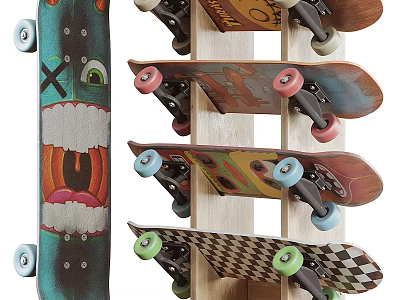 Colorful Sports Equipment Featuring Cartoon Pattern Skateboards On Wooden Rack With Colored Wheels 3d model