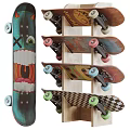 Colorful Sports Equipment Featuring Cartoon Pattern Skateboards On Wooden Rack With Colored Wheels