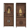 Wooden Buddhist shrine cabinet featuring Buddha statue candles and decorative circular lattice design