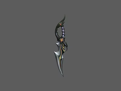 Ornate Fantasy Dagger With Curved Hilt Intricate Carvings And Purple Gemstone Details 3d model
