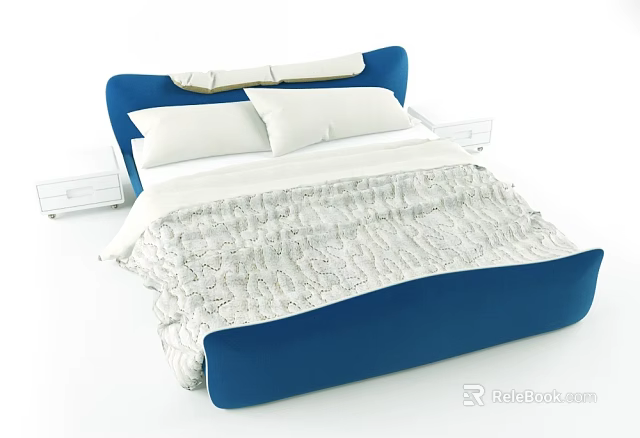 Blue Upholstered Double Bed With White Pillows Patterned Quilt And Side Nightstands 3d model 