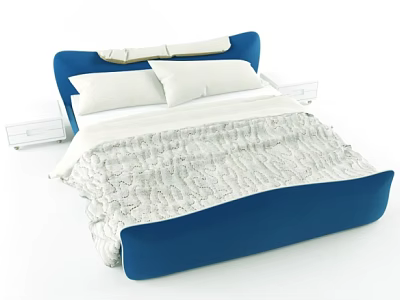 Blue Upholstered Double Bed With White Pillows Patterned Quilt And Side Nightstands 3d model