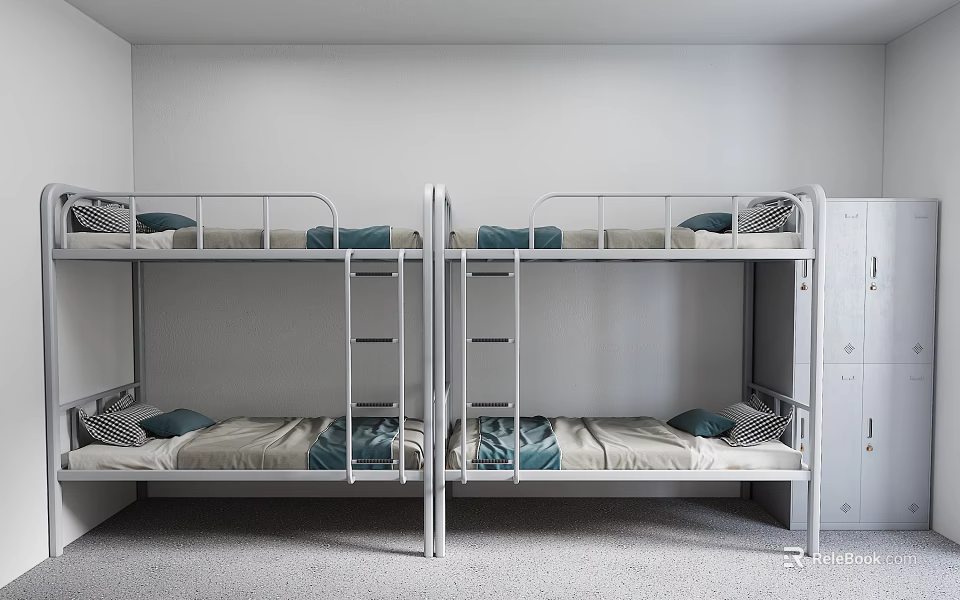 Cozy Dormitory Room With Metal Bunk Beds And White Lockers 3d model 