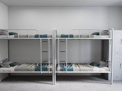 Cozy Dormitory Room With Metal Bunk Beds And White Lockers 3d model