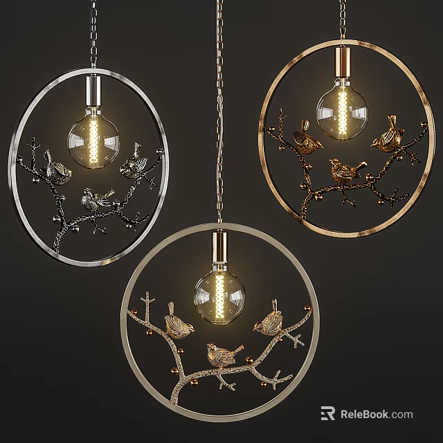 Decorative Chandeliers with Circular Frames Branch and Bird Decorations and Transparent Bulbs 3d model 
