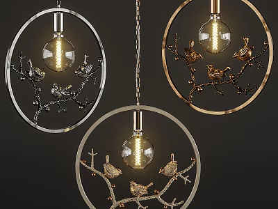 Decorative Chandeliers with Circular Frames Branch and Bird Decorations and Transparent Bulbs 3d model