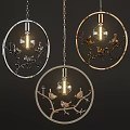 Decorative Chandeliers with Circular Frames Branch and Bird Decorations and Transparent Bulbs 3d model