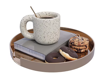 Speckled Ceramic Mug With Coffee And Wooden Spoon On Tray With Book Donuts Tied Cookies 3d model