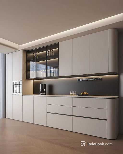 Modern Sideboard Design Featuring White Cabinets Glass Doors LED Lighting Countertop Coffee Machine And Fruits 3d model 