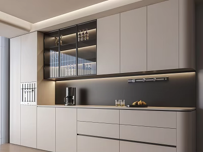 Modern Sideboard Design Featuring White Cabinets Glass Doors LED Lighting Countertop Coffee Machine And Fruits 3d model
