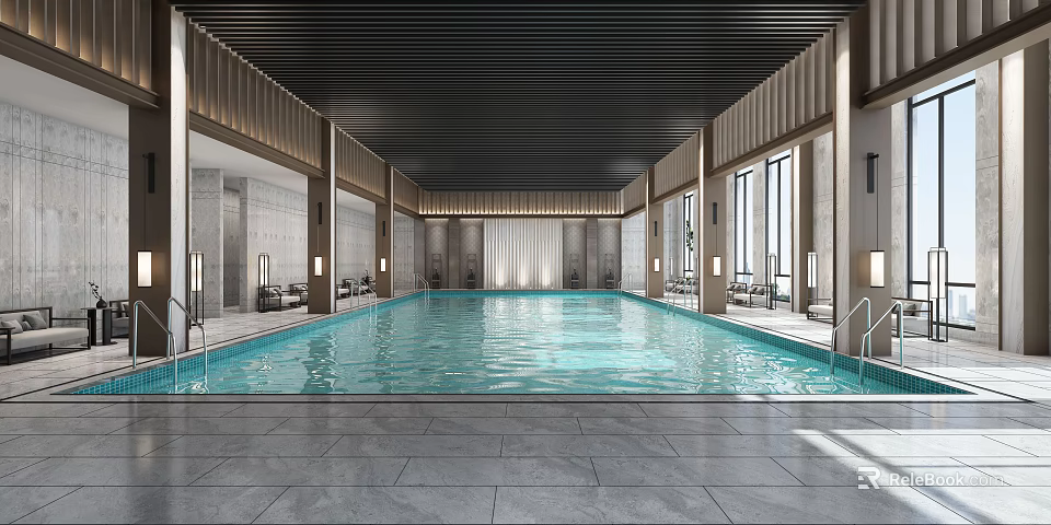 Modern Indoor Swimming Pool Interior With Spacious Design And Blue Water Features 3d model 
