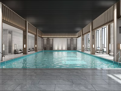 Modern Indoor Swimming Pool Interior With Spacious Design And Blue Water Features 3d model