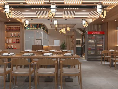 Traditional Modern Restaurant Interior With Wooden Tables Chairs Shelves Lattice Ceiling And Pendant Lights 3d model