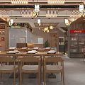 Traditional Modern Restaurant Interior With Wooden Tables Chairs Shelves Lattice Ceiling And Pendant Lights