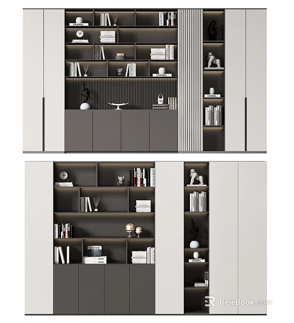 Modern White And Grey Bookcase With Multiple Shelves Books And Decorative Items 3d model 