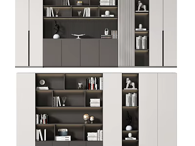 Modern White And Grey Bookcase With Multiple Shelves Books And Decorative Items 3d model