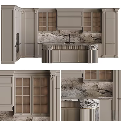 Elegant Modern Kitchen Design With Glass Door Cabinets And Marble Countertop 3d model