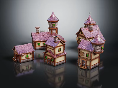Architectural Small House Models with Purple Roofs Green Windows Spires and Towers 3d model