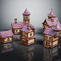 Architectural Small House Models with Purple Roofs Green Windows Spires and Towers