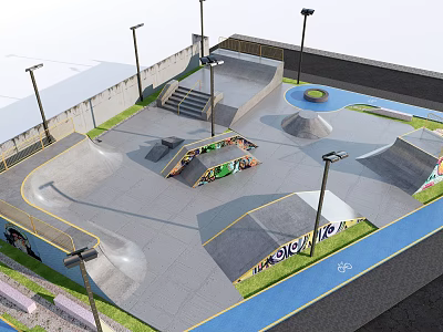 Modern Skate Park Design With Concrete Ramps Street Lamps Blue Pathway And Green Grass 3d model