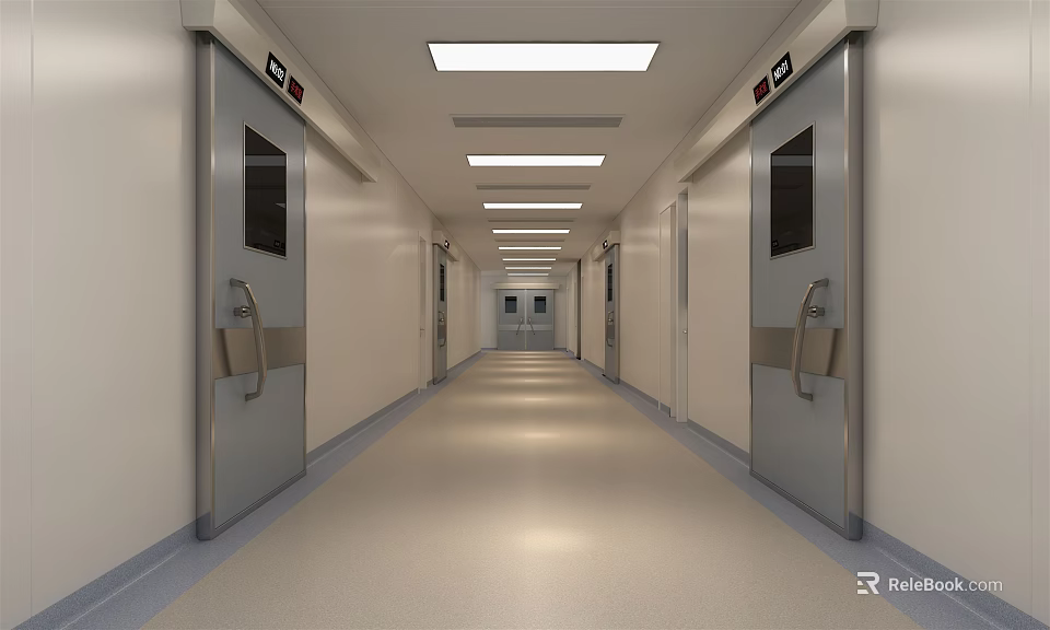 Modern Elevator Corridor With Silver Doors Ceiling Lights And Smooth Floor 3d model 
