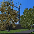 Road Facilities With Tall Cable Structure And Green Vegetation Along Urban Pathway