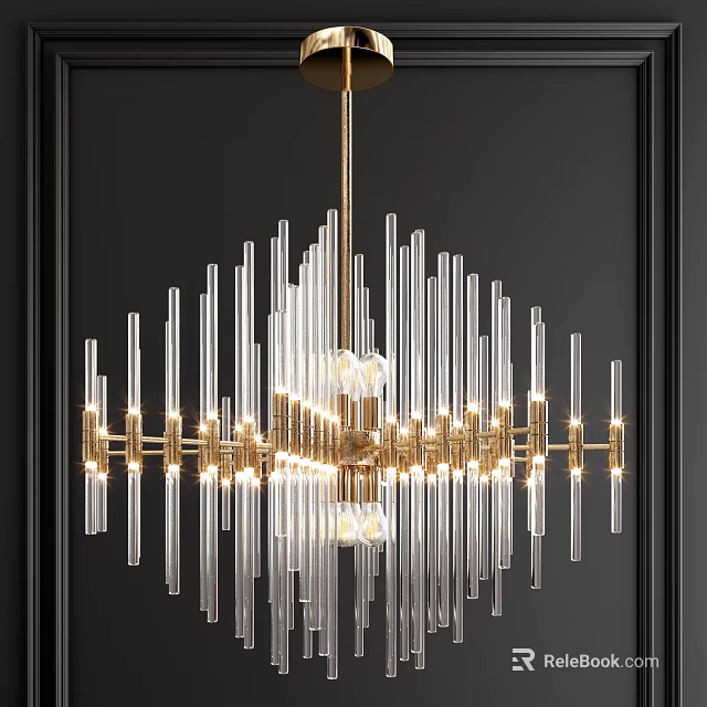 Elegant Modern Chandelier With Transparent Glass Tubes And Golden Metal Frame 3d model 