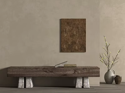 Wooden Bench with Gray Cement Legs Under Brown Painting on Beige Wall Near White Vase 3d model