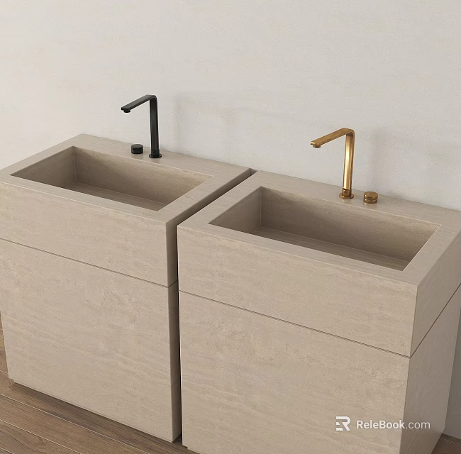 Modern Double Washbasin Vanity With Light Stone Counter And Black Gold Faucets 3d model 