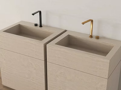 Modern Double Washbasin Vanity With Light Stone Counter And Black Gold Faucets 3d model