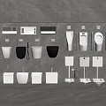 Various Black And White Bathroom Fixtures Display With Toilets Urinals And Sinks