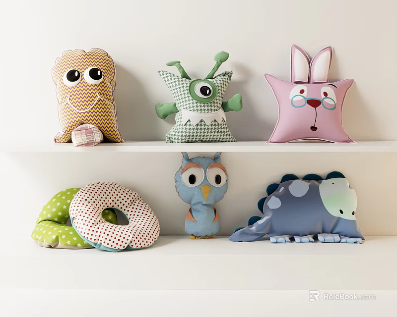 Cute Animal Shaped Stuffed Pillows With Owl Rabbit Dinosaur And Donut Designs 3d model 