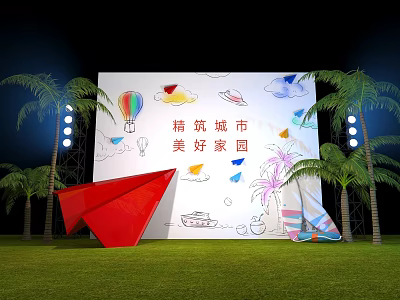 Urban Home Themed Photo Check-in Spot With Colorful Decorations Palm Trees And Red Paper Plane 3d model