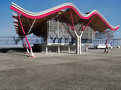 Modern Airport Terminal Featuring Wavy Roof Red Support Structures And Glass Curtain Walls 3d model