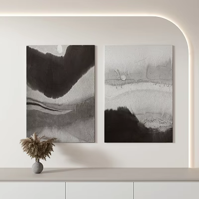 Abstract Black And White Ink Paintings On Wall With Dried Plant Vase Decor 3d model