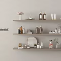 Molten&RC Perfume and Cosmetics Stylish Display on Wooden Shelves with Bottles Jars and Decorative Items