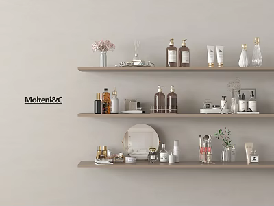 Molten&RC Perfume and Cosmetics Stylish Display on Wooden Shelves with Bottles Jars and Decorative Items 3d model