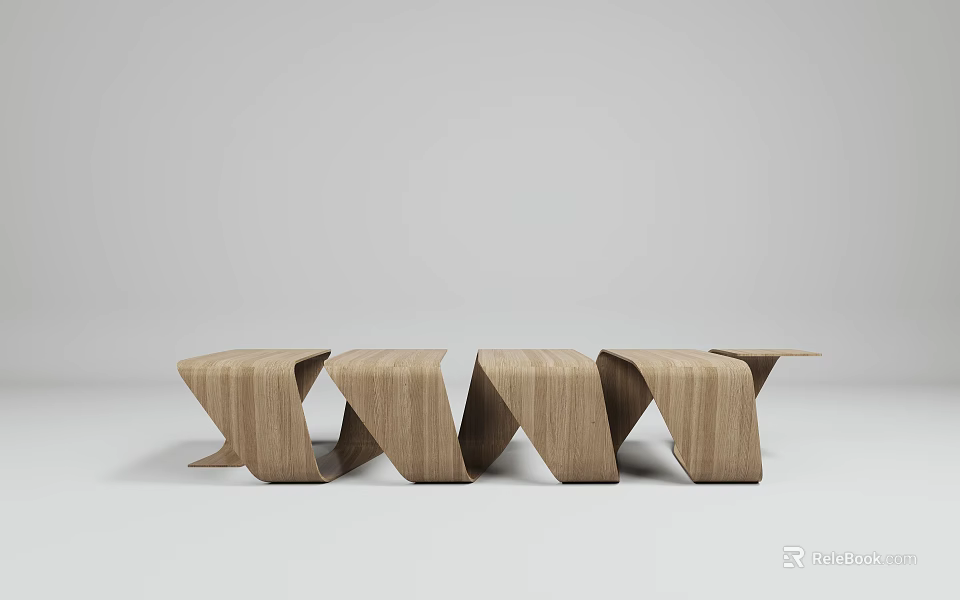 Modern Wooden Public Chair With Wave Curved Design And Connected Modules 3d model 