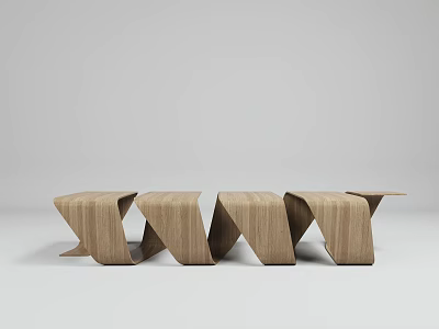Modern Wooden Public Chair With Wave Curved Design And Connected Modules 3d model