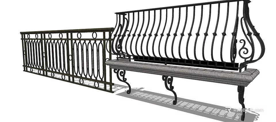 Wrought Iron Railing With Ornate Decorative Design And Adjacent Bench 3d model