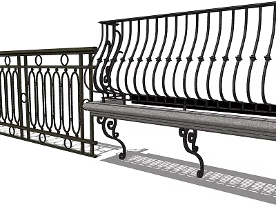 Wrought Iron Railing With Ornate Decorative Design And Adjacent Bench 3d model