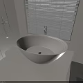 Modern Minimalist Bathroom Interior Featuring Freestanding Round White Bathtub And Window Blinds