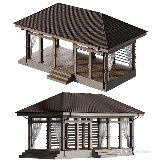 Traditional Outdoor Gazebo With Brown Sloped Roof Wooden Columns White Curtains And Stone Steps 3d model 