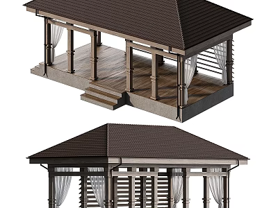 Traditional Outdoor Gazebo With Brown Sloped Roof Wooden Columns White Curtains And Stone Steps 3d model