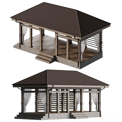 Traditional Outdoor Gazebo With Brown Sloped Roof Wooden Columns White Curtains And Stone Steps 3d model