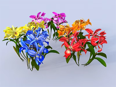 Beautiful Colorful Blooming Orchids With Vibrant Petals And Fresh Green Leaves 3d model