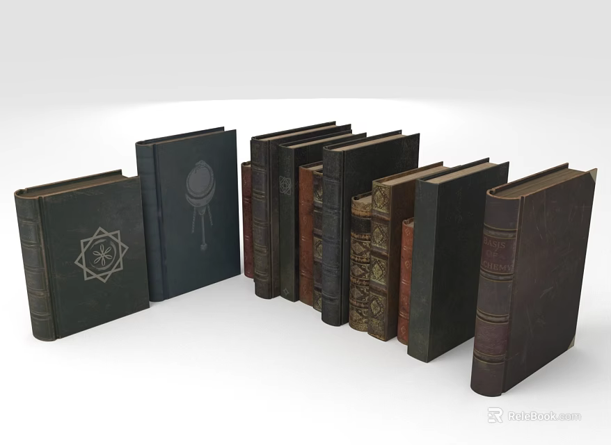 Old Books Collection With Various Dark Colored Decorative Covers and Intricate Designs 3d model 