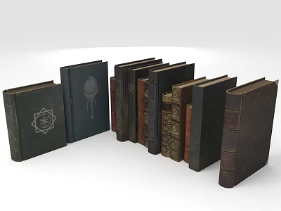 Old Books Collection With Various Dark Colored Decorative Covers and Intricate Designs 3d model